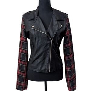FREE! Faux Leather Jacket With Plaid Sleeves